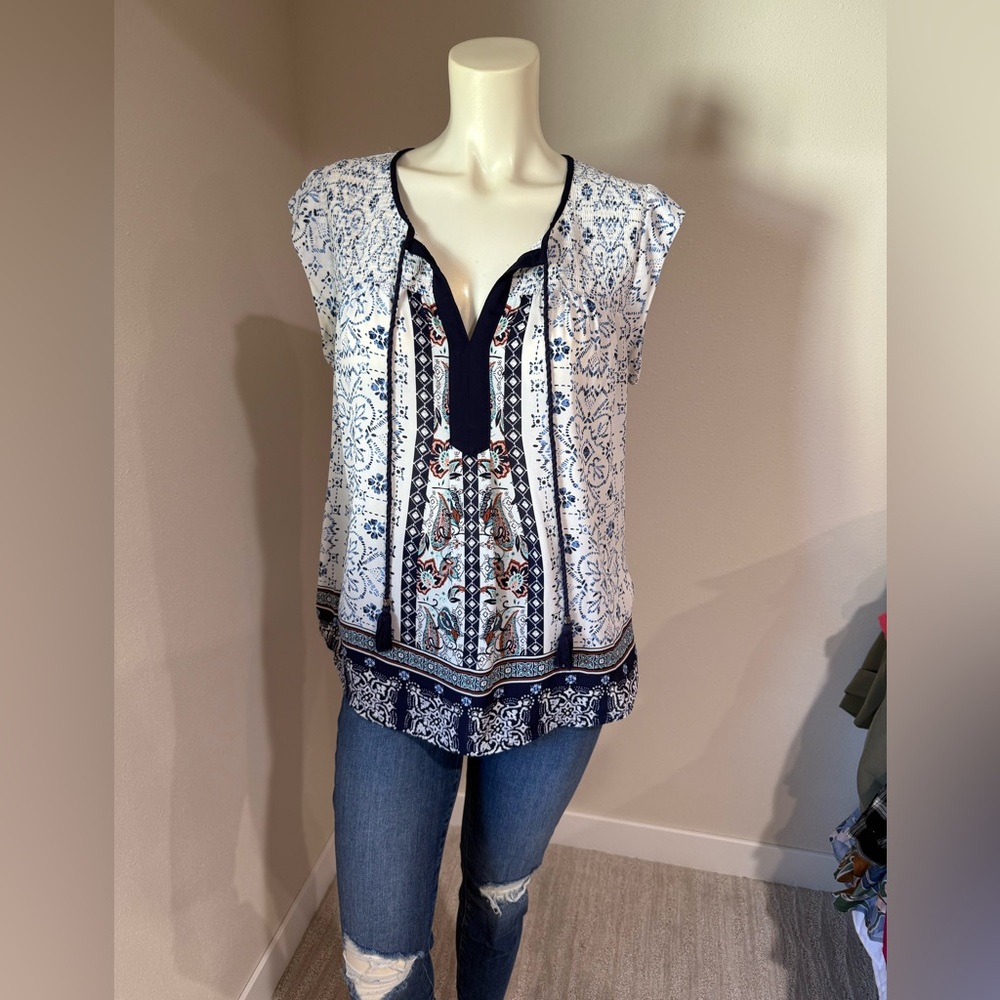 Blue and White Patterned Blouse